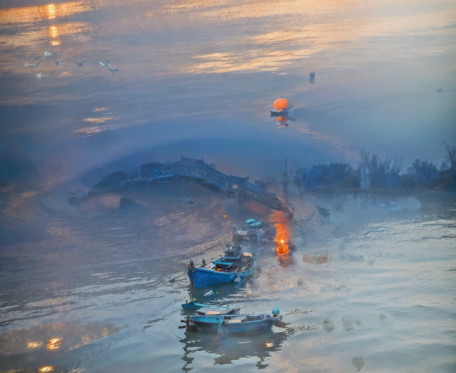 Long exposure photography，Award-winning photography，Practical，In waters with boats，Sunset, ，stunning lighting, Abstract， Claude Monet，Abstract，photography，high quality，blue，orange，Sunset，Beautiful scenery，photo，photoPractical,raw