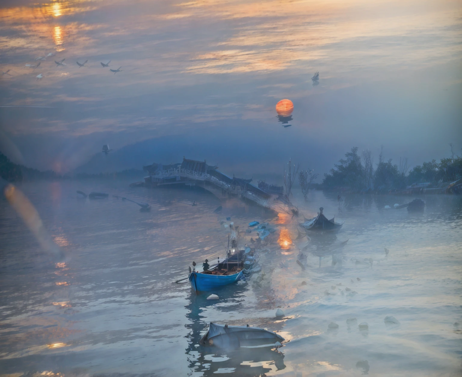 Long exposure photography，Award-winning photography，Practical，In waters with boats，Sunset, ，stunning lighting, Abstract， Claude Monet，Abstract，photography，high quality，blue，orange，Sunset，Beautiful scenery，photo，photoPractical,raw