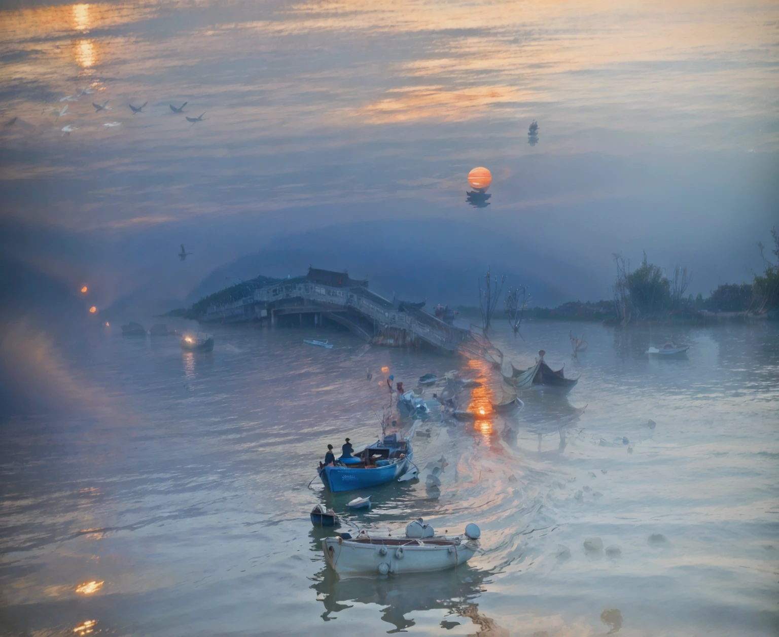 Long exposure photography，Award-winning photography，Practical，In waters with boats，Sunset, ，stunning lighting, Abstract， Claude Monet，Abstract，photography，high quality，blue，orange，Sunset，Beautiful scenery，photo，photoPractical,raw