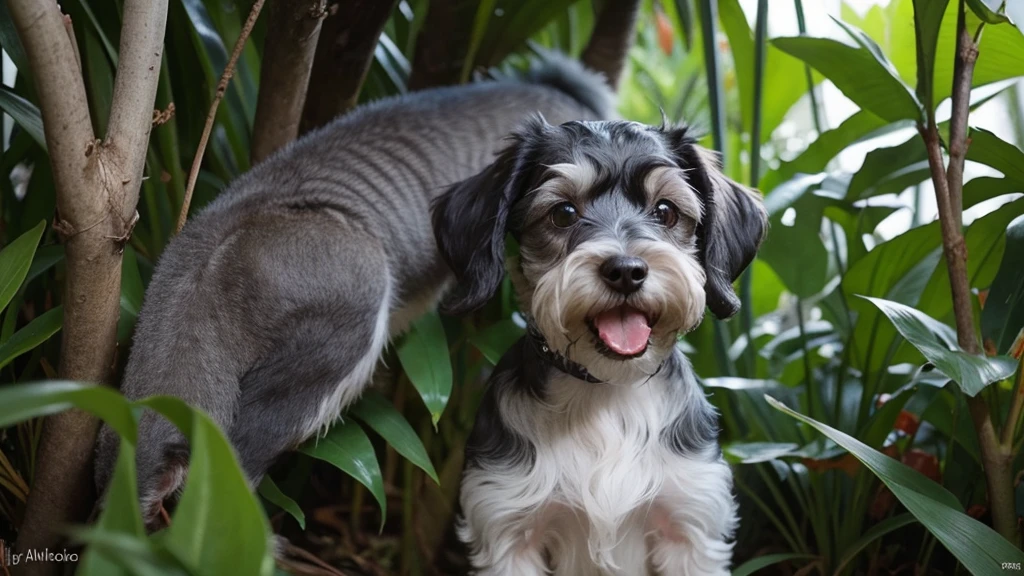 Miniature Schnauzer in jungle with horror attitude