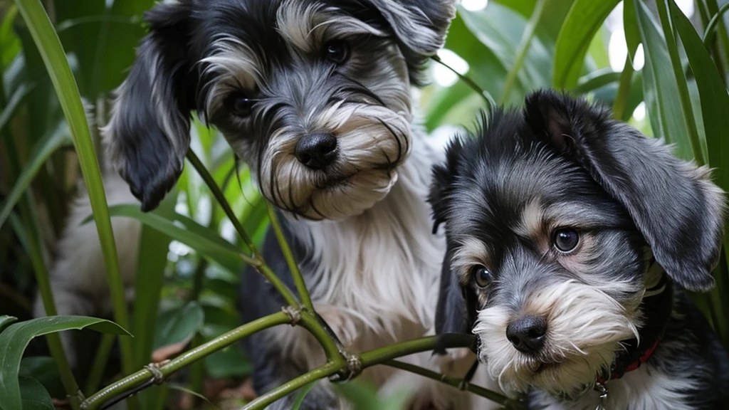Miniature Schnauzer in jungle with horror attitude