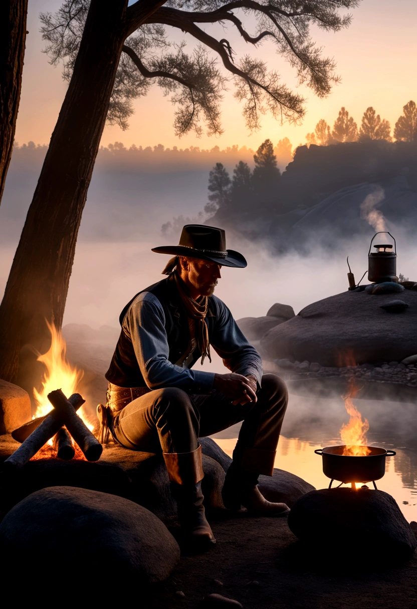 a portrait of the wild west era cowboy, sitting on a rock in front of the camp-fire cooking water, iconic Marlboro stance, (silhouette transparency 0.5) dawn scenery with fog and mist, side view, epic realism, extremely detailed, 8k