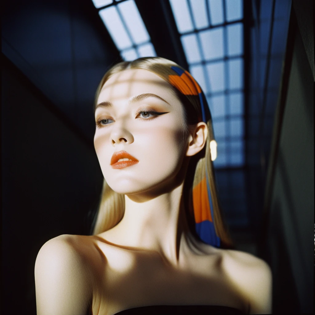 Photograph by Serge Lutens (1.8), pale skin, evil slavic woman, long dark blond hair, in profile, wide angle dim atmosphere, stunning, modern, dark, clean, artsy indoor surrounding, casting a dreamlike atmosphere eyes reflect some light, Shiseido-style Vogue-Style 1990s style and setting Various gentle half body poses and angles Consistent facial and body features Photorealistic and highly detailed Artistic and evocative High-quality finish Ensuring vibrant, detailed features Technical details: wide angle lens Selective focus with Kodak film effect: 1.2 Shallow depths of field