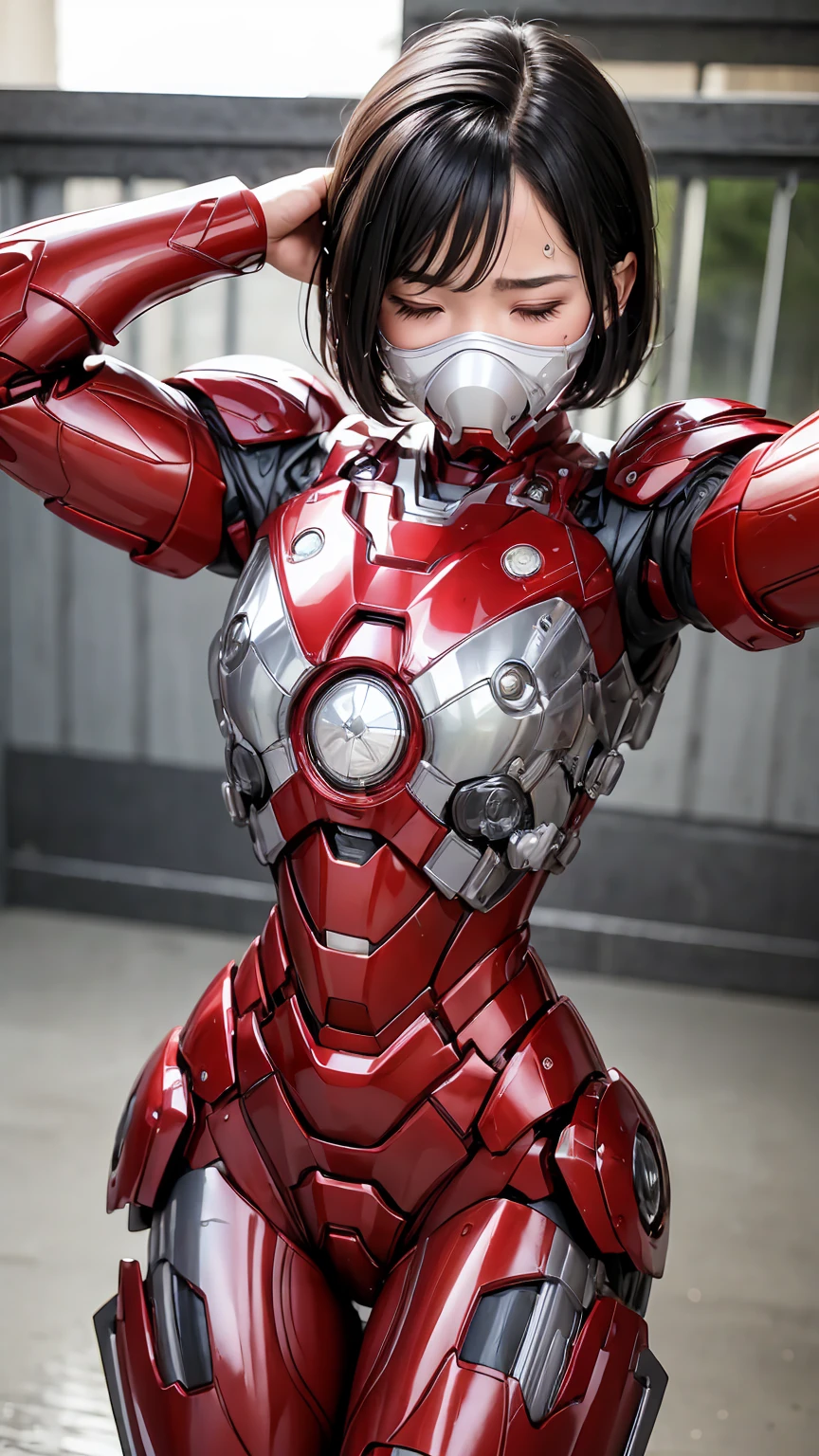 Highest quality　8k Iron Man Suit Girl　 girl　Sweaty face　cute　short hair　boyish　Steam coming from the head　My hair is wet with sweat　Black hair feel　Full body portrait　My upper body is soaked　close your eyes　bare hands　Close-fitting full-face gas mask