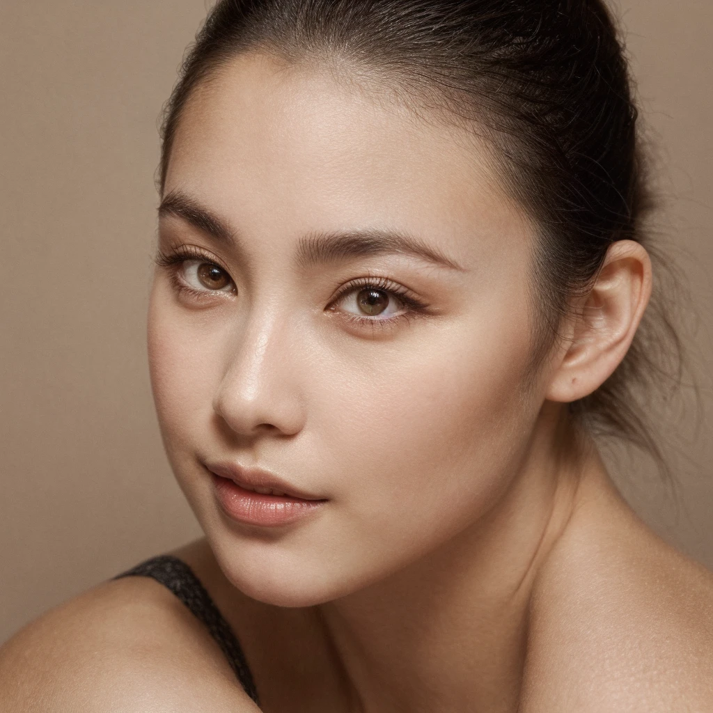A young 19-year-old woman with a mixed Asian and Russian heritage. She has thick dark black eyeliner and glossy lips. The image is a casting shot, showcasing her face clearly with a neutral or slight smile expression. She has straight, dark brown hair that falls just past her shoulders. Her eyes are almond-shaped, and her skin has a light to medium tone with a natural, fresh look. She is wearing a simple, professional outfit suitable for a casting, and the background is a neutral studio setting with soft lighting to highlight her features.