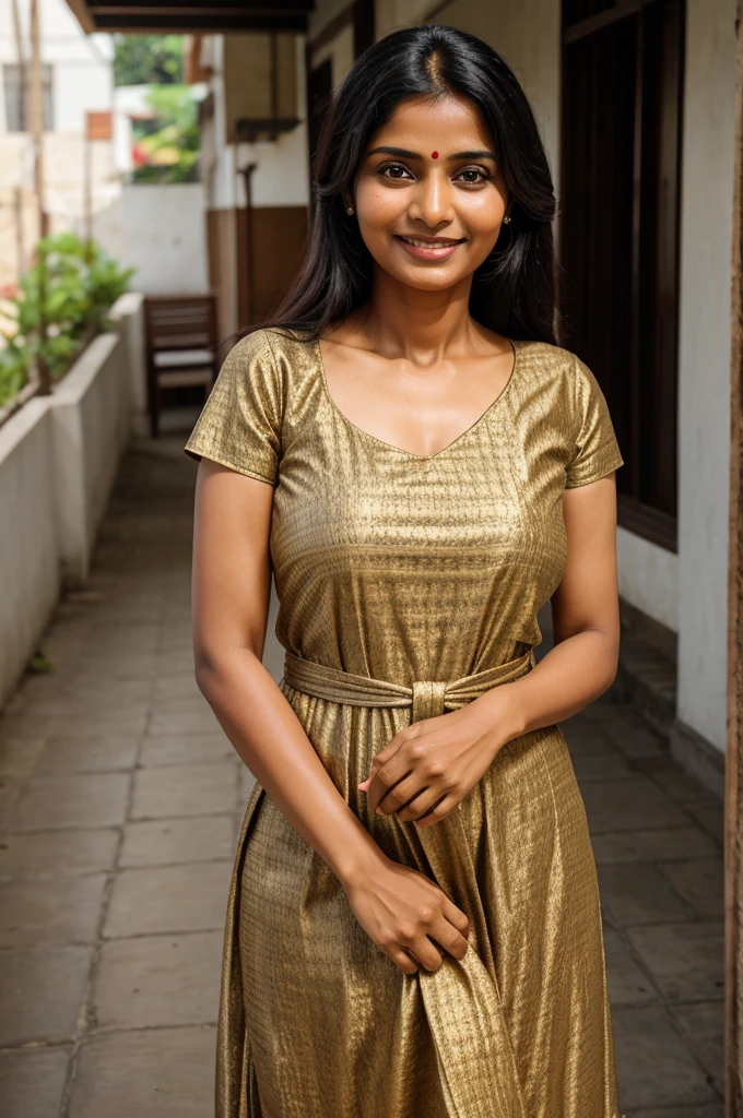 A middle class beautiful healthy Indian woman 40 years old, wearing company worker sefti dress, holding a small, complex part she has just finished, her face lit up with a satisfied smile.