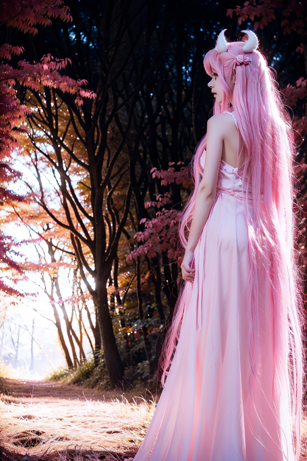 anime woman demon. She has long pink hair and horns. She is wearing a pink and white dress. Her face is not visible. She is turned away. She is walking away from the screen. She is in a pink wooded forest. The sky is pink. Nature scenery. 