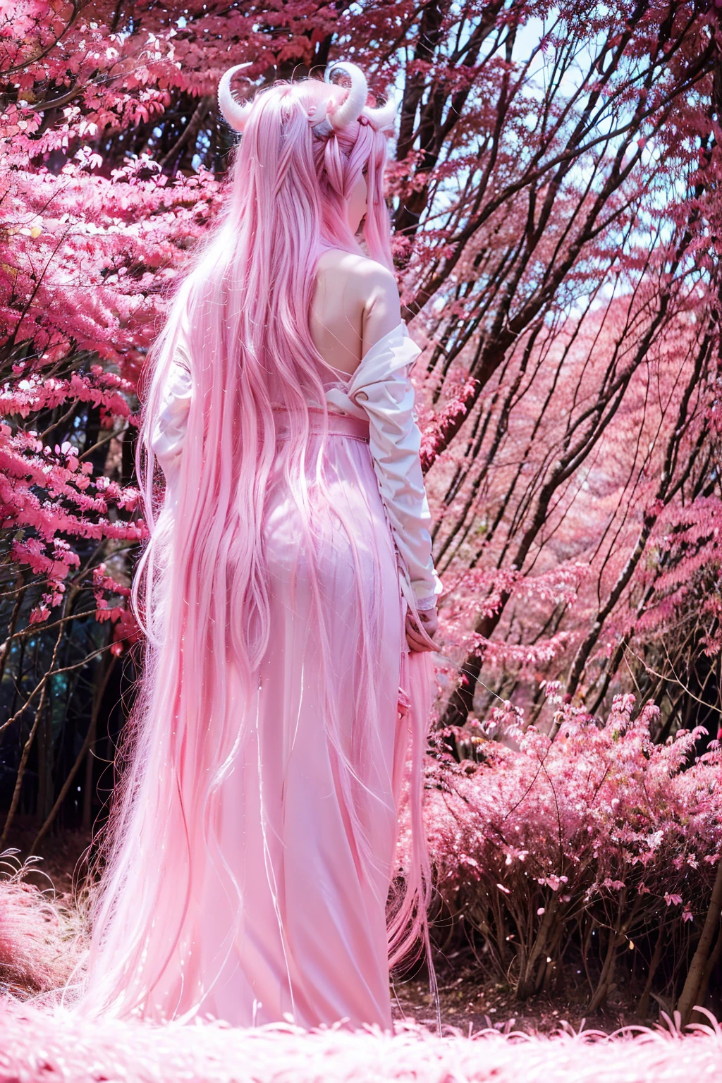 anime woman demon. She has long pink hair and horns. She is wearing a pink and white dress. Her face is not visible. She is turned away. She is walking away from the screen. She is in a pink wooded forest. The sky is pink. Nature scenery. 