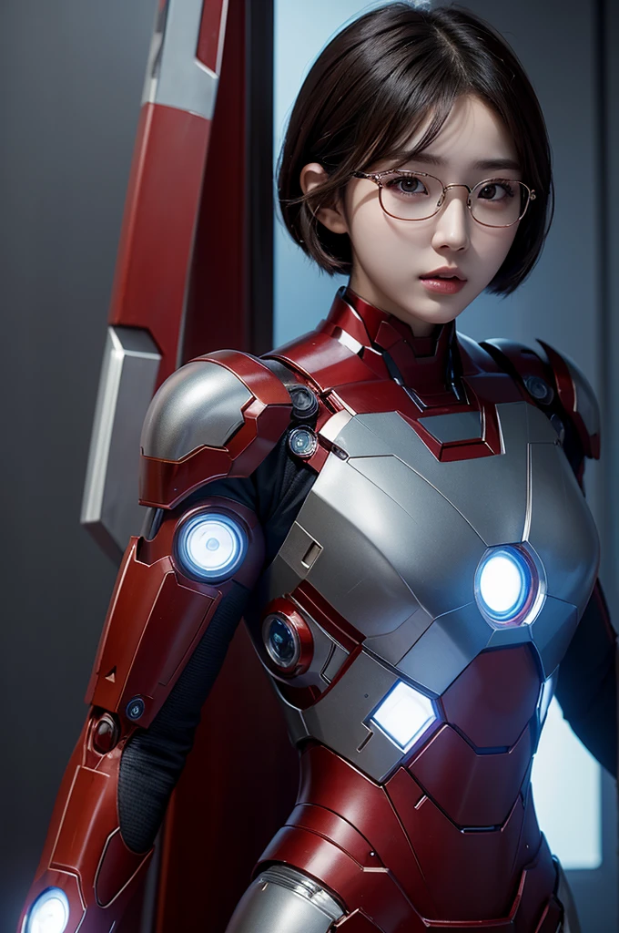 A beautiful Korean girl with short hair, Wearing round transparent glasses, Wearing an Iron Man suit, Very detailed, Intricate details, 8K, Surrealism, light, Dramatic color palette, masterpiece, Reality