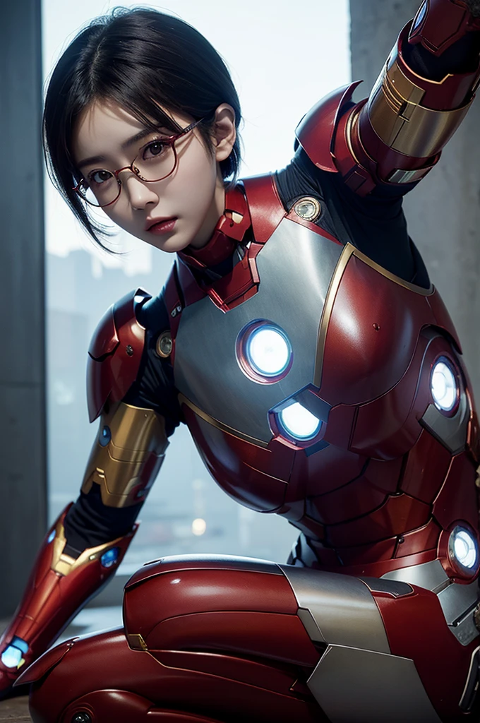 A beautiful Korean girl with short hair, Wearing round transparent glasses, Wearing an Iron Man suit, Very detailed, Intricate details, 8K, Surrealism, light, Dramatic color palette, masterpiece, Reality