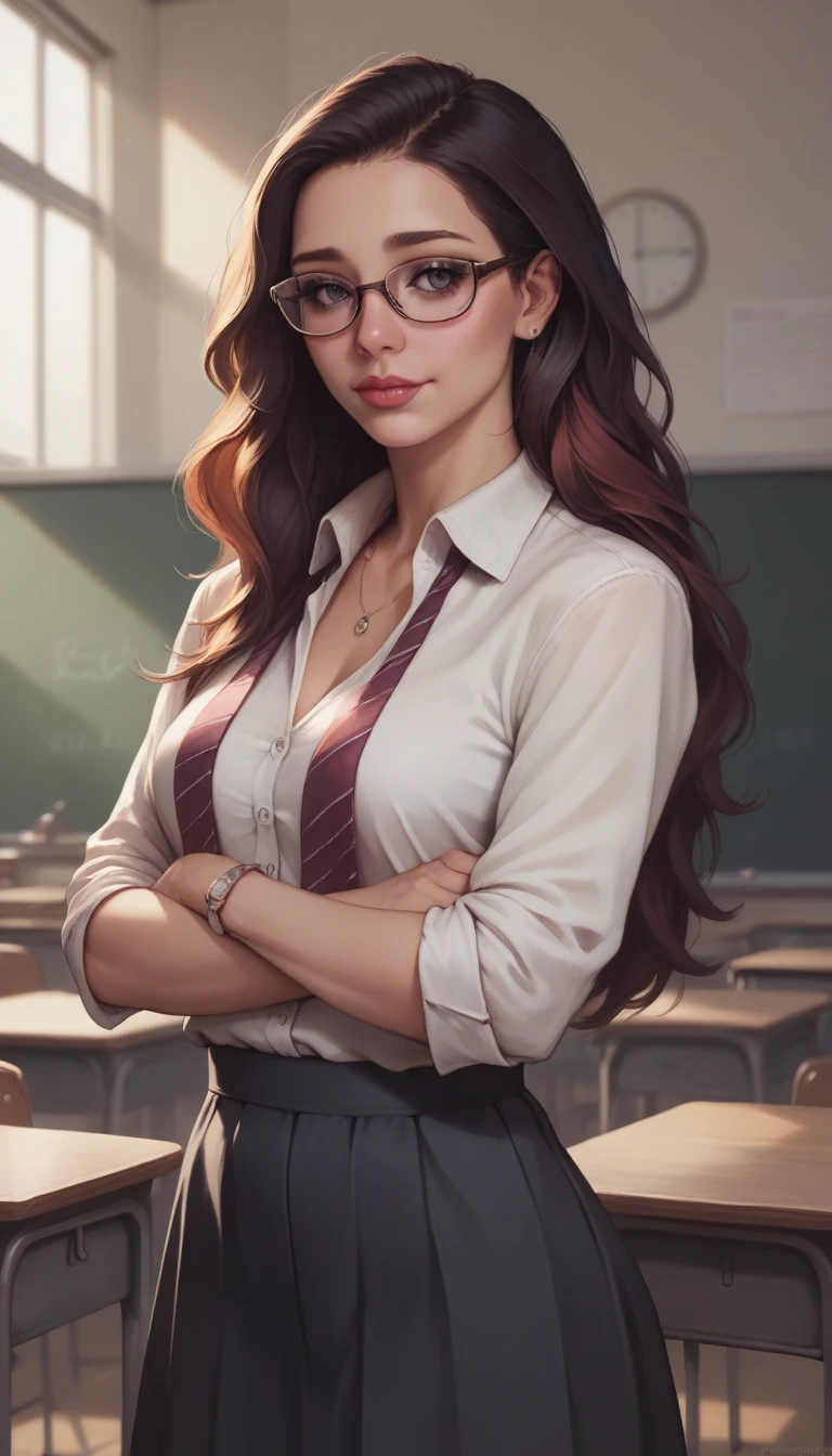 (Fraction_9, Fraction_8_Direction_7_up), detailed, realistic professional woman looks，Standing，Half-length photo，American Girl，Long hair，Gentle, Glasses, teacher，In the classroom，HD，Clear character silhouettes，Clear facial details，
