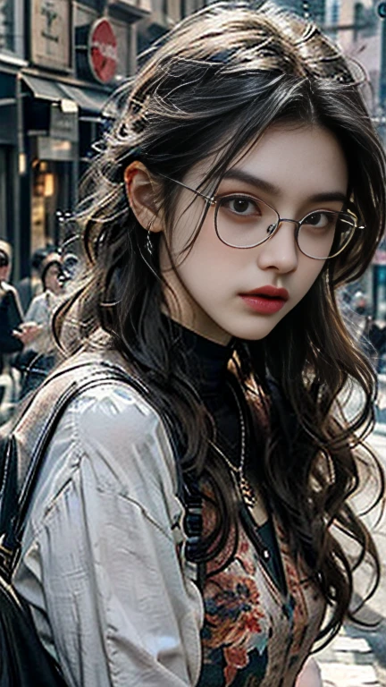 8K, ultra hd, masterpiece, (detailed), 1girl, (good face:1.4), hairstyle (color: red, length: short, curly with flowing small ringlets), face (heart-shaped, pale, dark brown eyes), glasses (wears thick-rimmed, old-fashioned glasses), background is white