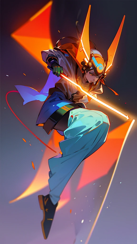 masterpiece, best quality, A close-up shot of a futuristic boy，China is blue and impermanent，The traditional image of Hei Wuchang，Tradition meets modernity，Chinese style，Wearing a fantastic cyber helmet，orange triangle LED light and halo on the helmet, Wearing a orange Techwear jacket with &quot;Peace in the World&quot; written on it, Full body white background