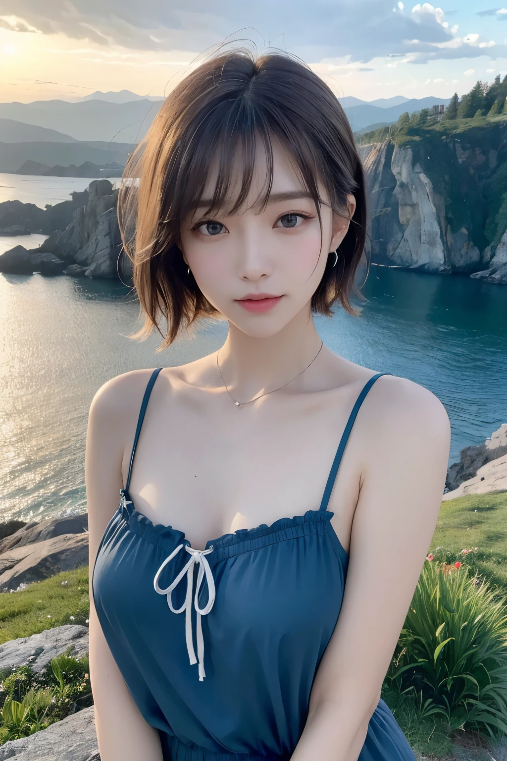Ultra-high resolution、(masterpiece:1.3), (8K, Best image quality: 1.4)、 (Real:1.4)、One beautiful woman、Beautifully detailed eyes and skin、Micro Smile、Sweat on sunburned skin、Light brown short hair、Strong winds、Hair swaying in the wind、Summer sleeveless shirt、Small bust、White flowers in the meadow々、wood々Big white flower、wood々Beyond the sea、Cliff rock face、Rocky Mountain、Cloudy dusk、Cloudy Sunset、dusk、nightfall、