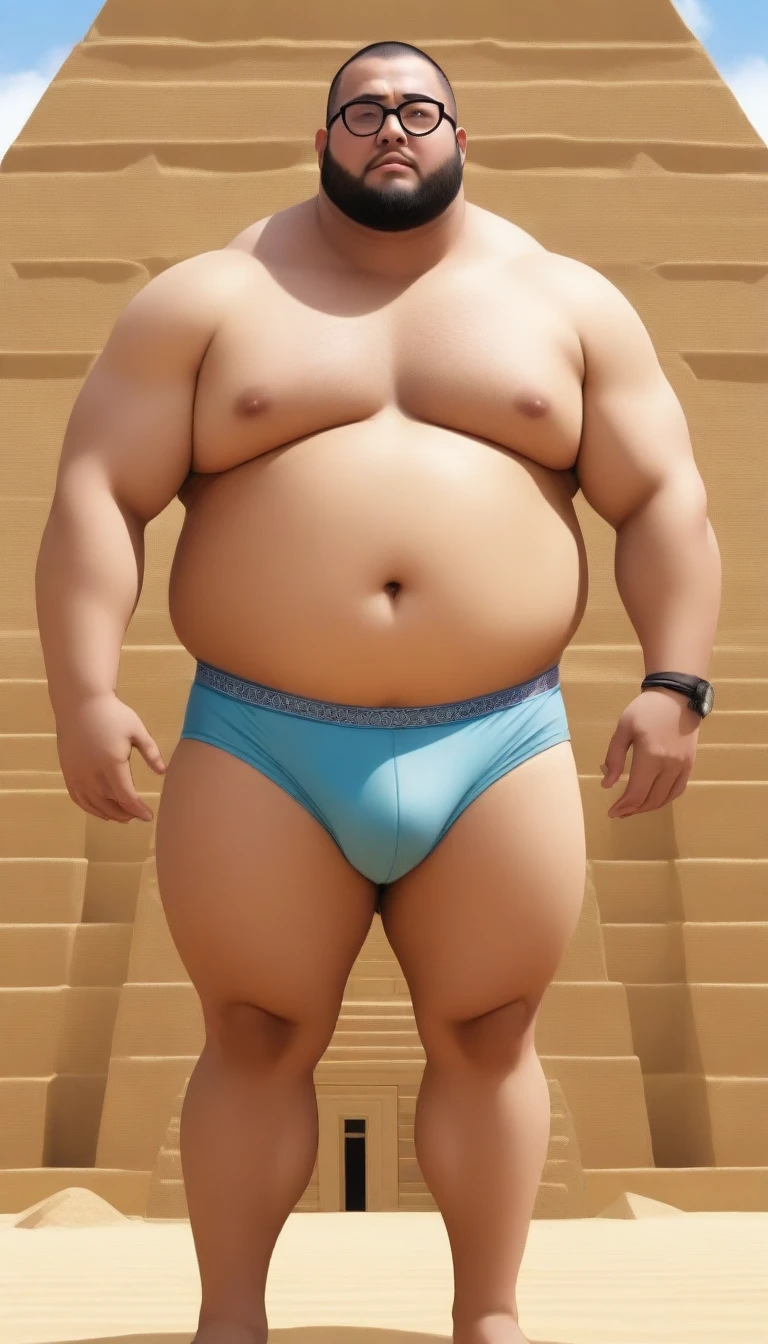 A fat man,Big eyes,Black round glasses,short hair,Round inches,Big round face,Very large and well-developed chest muscles,Big full belly,Standing on the Egyptian pyramids,The upper body is bare,Wearing briefs with bulge in the crotch,Oriental male,Full body front view