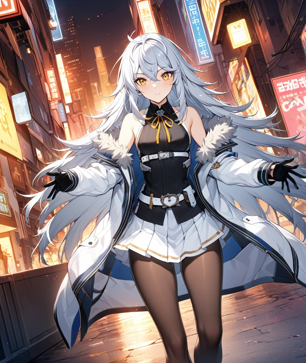 1girl, bangs,long_hair,独奏, yellow eyes, black legwear, jacket, pantyhose, silver hair, skirt, bare shoulders, eyebrows visible through hair, ahoge, gloves, white hair, small breasts,long sleeves,hair between eyes, standing, white skirt, shirt,sleeveless, sleeveless shirt,full_body, pleated skirt, sidelocks,belt ,very long hair, shoes,Miniskirt ,black gloves,white footwear, open clothes, Fur trim, black shirt, white coat,white_jacket,city lights,open jacket, off shoulder, open coat, fur-trimmed coat, gown, messy hair, , masterpiece, Highest quality, so beautiful, Absurd, ultra detailed, cg unity 8K wallpaper, masterwork, super fine illustration, ultra detailed beautiful face, perfect eyes,　Movie angle, cowboy shot, perfect hands, perfect fingers, 