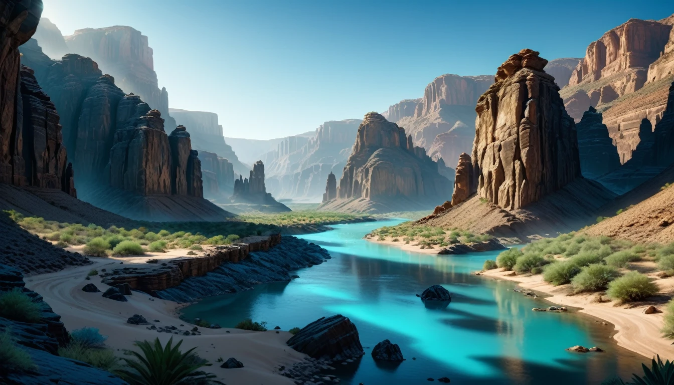 (photorealistic:1.2, Fujifilm XT3), cinematographic composition, High fantasy, fantasy landscape, desert, clear blue sky, River canyon surrounded by lush vegetation., Rocks, epic fantasy art, abyssal technology, Pure energy, magic, idyllic, (Masterpiece:1.2), (epic composition:1.4), (talent:1.2), ultra detailed, cinematic lighting, Very detailed, incredibly detailed, (photorealistic:1.2), HDR, 8k, exquisite, sharp, elegant, Ambient lighting, Bright fantasy colors, high quality,