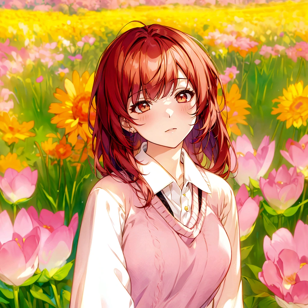 anime girl with long red hair and a pink sweater in a field of flowers, sayori, made with anime painter studio, standing in a flower field, painted in anime painter studio, standing in flower field, girl frontal in a flower field, render of april, kawaii realistic portrait, anime moe artstyle, iwakura lain, smooth anime cg art