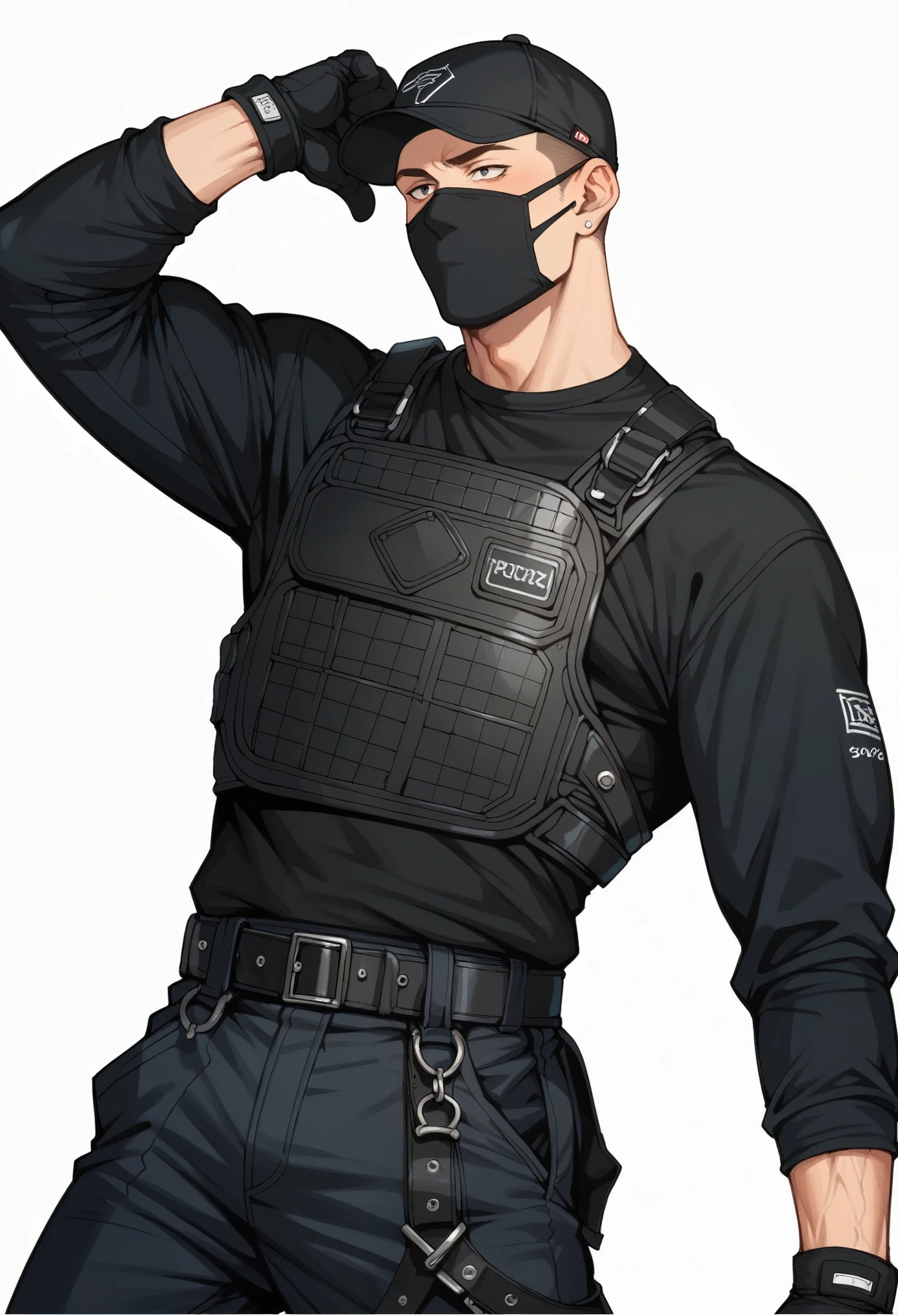 (check_9, check_8_up), check_7_up, zPDXL, Dark_technical clothing, One, shirt, gloves, long sleeves, 1 boy, baseball cap, black mask,  male focus, black gloves, belt, trousers, coat, bulletproof vest, arm up, black shirt, muscular, black trousers, Black background, simple background, 