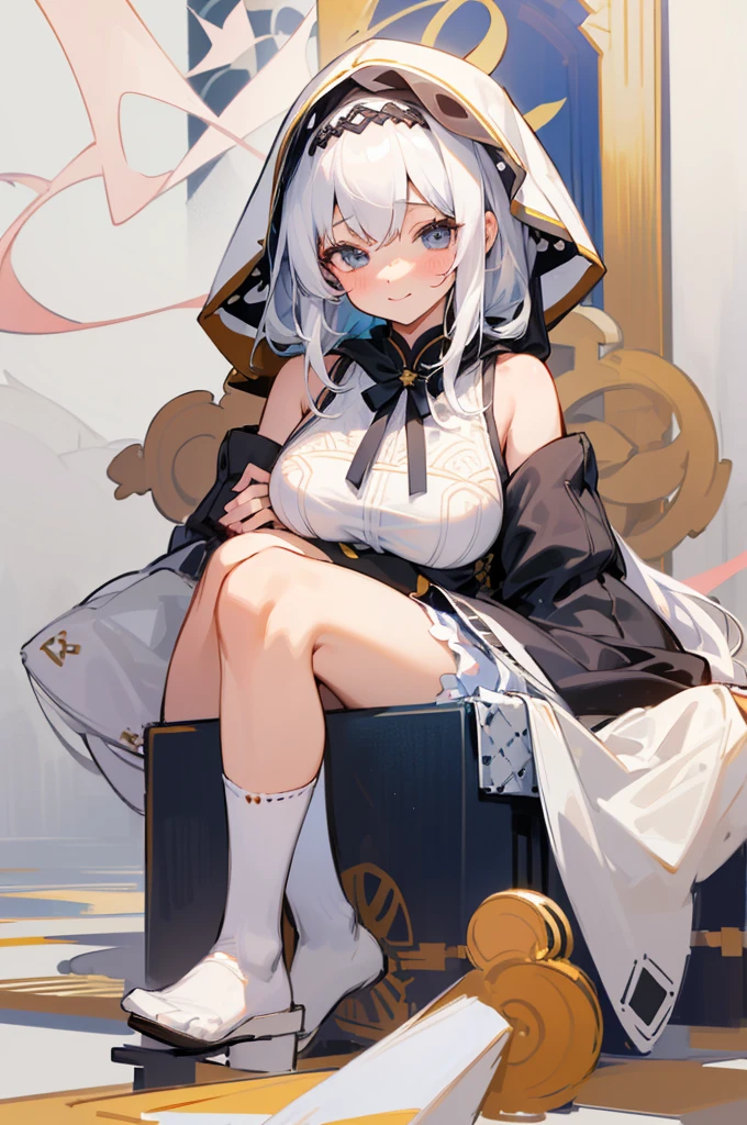 ((Highest quality)), ((masterpiece)), ((Very detailed)), (Very mature),A cute high school girl with a gentle look, white hair and about 165cm tall.,A female high school student with big breasts and a cute smile wearing a transparent white waifus with a cute patterned hood that shows off her shoulders, 顔が若干縦方向に長いbright笑顔の女性,Small Faced Woman,alone, Cute attitude,(background(bright),Long Hair - Straight,Knee-high socks、A transparent white veil with a cute pattern and a hood with white off-the-shoulders,White wall、Sitting、Facing the viewer、縁に模様がある壁が1面のbackground