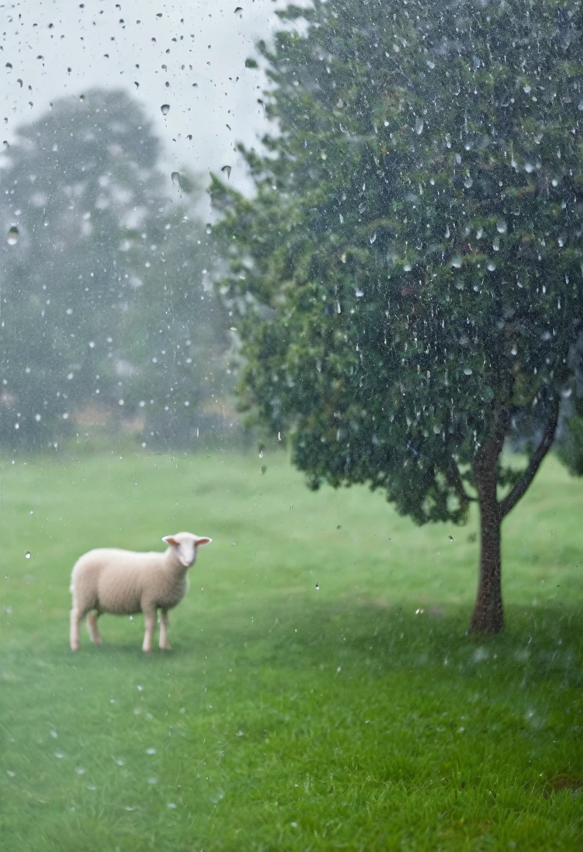 rainy, cloudy, big window, close up window, lighting, with trees out of window, little sheep out of window, window blur, raindrops no window