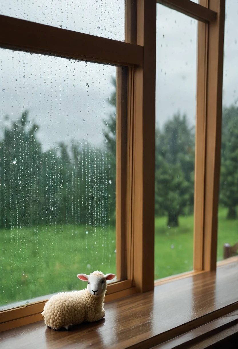 rainy, cloudy, big window, close up window, lighting, with trees out of window, little sheep out of window, window blur, raindrops no window