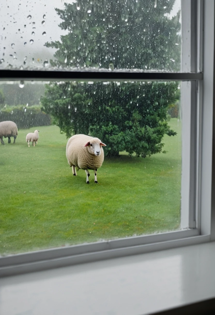 rainy, cloudy, big window, close up window, lighting, with trees out of window, little sheep out of window, window blur, raindrops no window