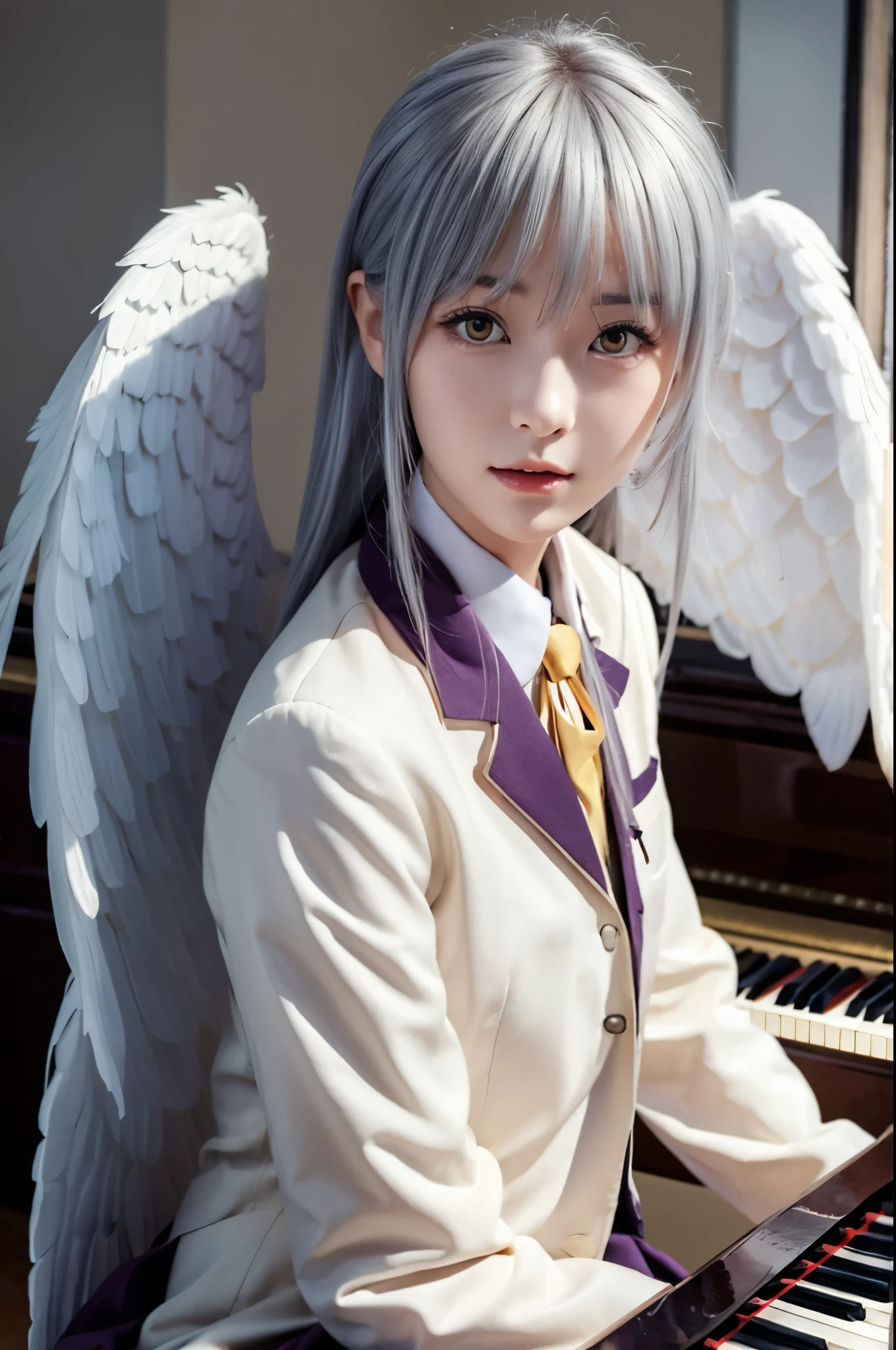 (Highest quality、4K、8K, masterpiece:1.3), Ultra detailed face, Detailed lips, Detailed eyes, double eyelid, 
BREAK, 
(extreme  close up:1.75), (from front:1.25),
BREAK,
1girl, 18 years old, short height, tachibana kanade, silver hair, short height, 
BREAK
(yellow eyes), white hair, long hair, bangs, hair pulled back,
BREAK,
looking at viewer, ((playing piano)),
photo background, photo inset, dusk, outdoors, spring, wind, falling petals, sunlight, skyline, 
BREAK
schooluniform, jacket, blazer, long sleeves, neck ribbon, gem, necklace, pleated skirt, kneehighs, loafers,
(((Angel wings spread wide on the back))),
