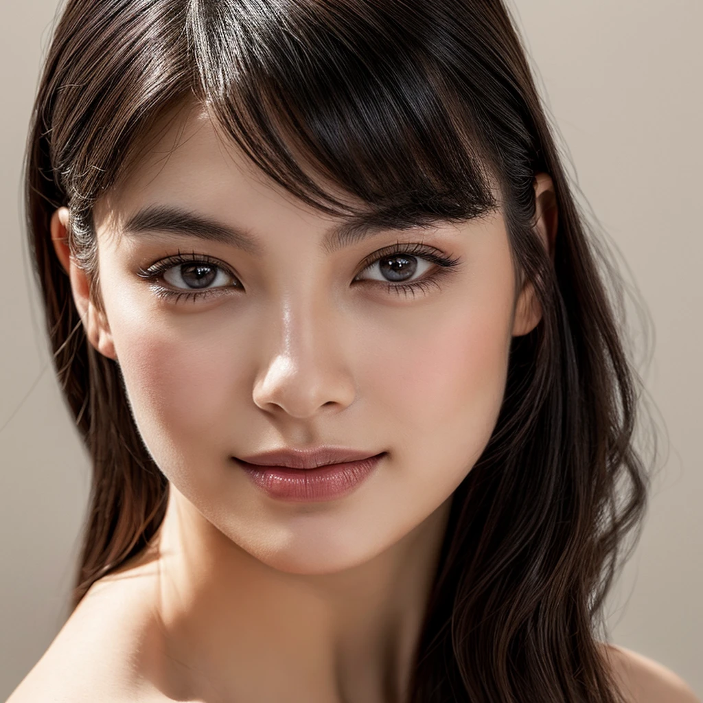 A young 19-year-old woman with a mixed Asian and Russian heritage. She has thick dark black eyeliner and glossy lips. The image is a casting shot, showcasing her face clearly with a neutral or slight smile expression. She has straight, dark brown hair that falls just past her shoulders. Her eyes are almond-shaped, and her skin has a light to medium tone with a natural, fresh look. She is wearing a simple, professional outfit suitable for a casting, and the background is a neutral studio setting with soft lighting to highlight her features