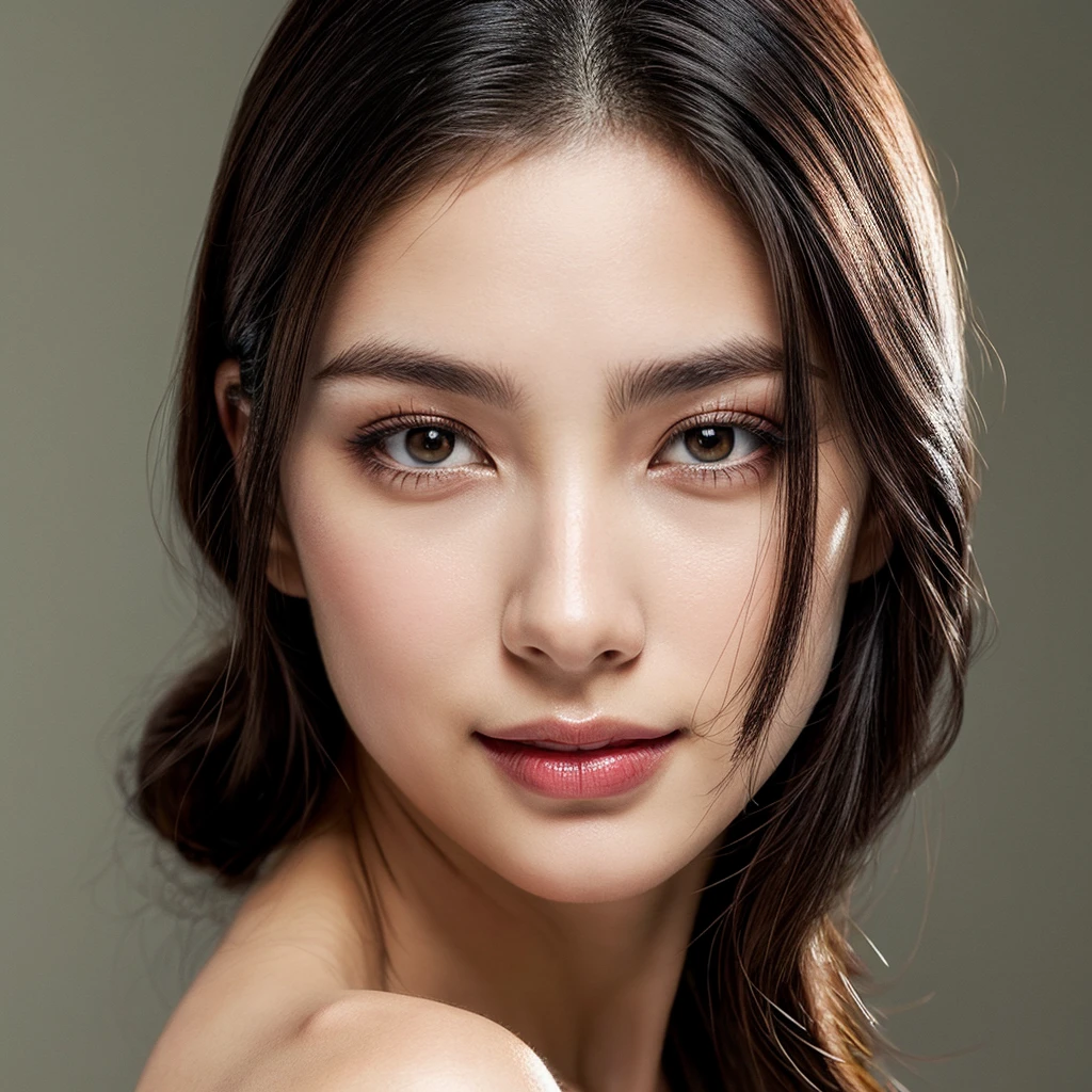 A young 19-year-old woman with a mixed Asian and Russian heritage. She has thick dark black eyeliner and glossy lips. The image is a casting shot, showcasing her face clearly with a neutral or slight smile expression. She has straight, dark brown hair that falls just past her shoulders. Her eyes are almond-shaped, and her skin has a light to medium tone with a natural, fresh look. She is wearing a simple, professional outfit suitable for a casting, and the background is a neutral studio setting with soft lighting to highlight her features