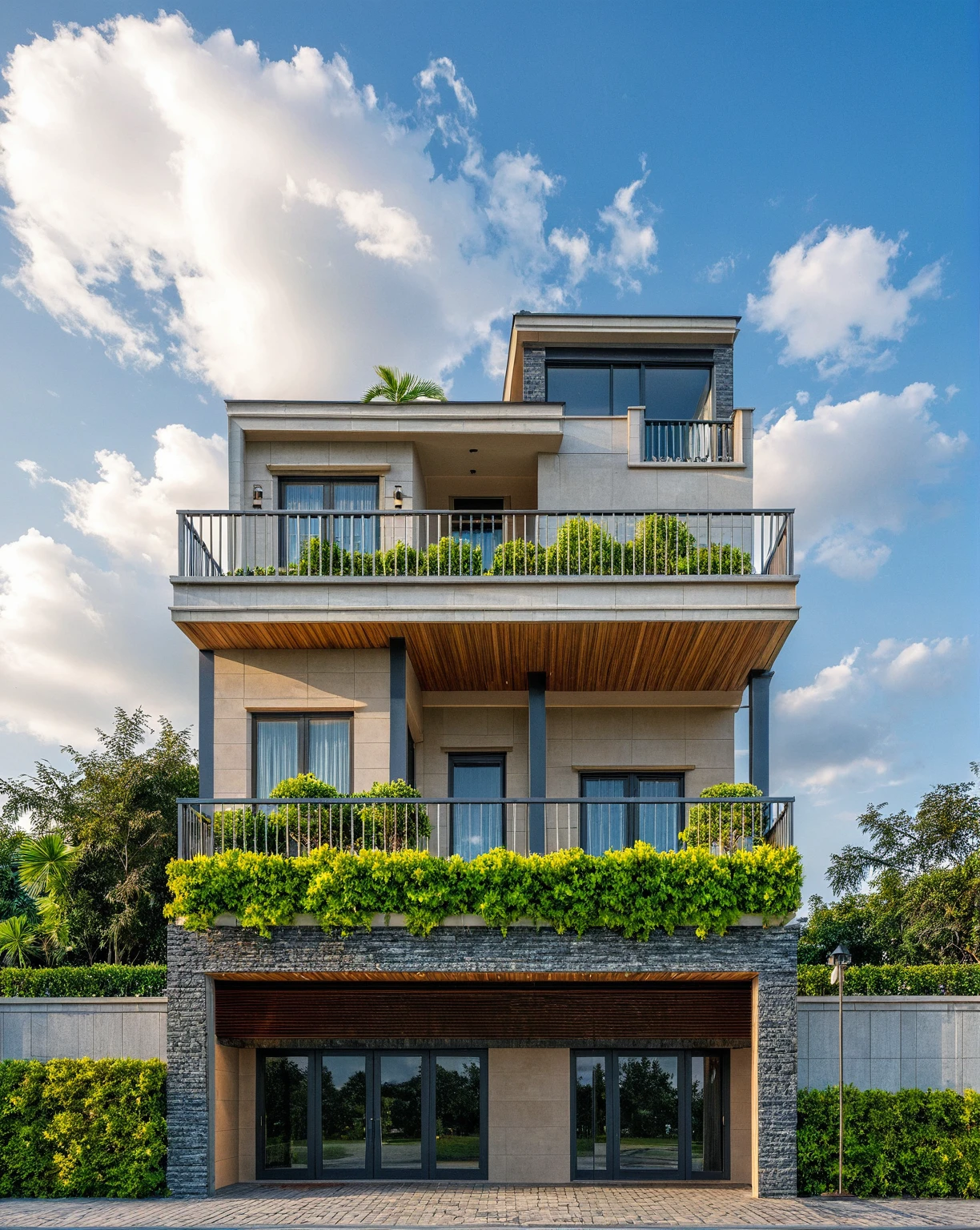 Masterpiece, high quality, best quality, authentic, super detail, outdoors, onestoreyvillaXL, aiaigroup, house style modern on the street ,, ,road,pavement, trees, sky, cloud, (daylight:1.1)