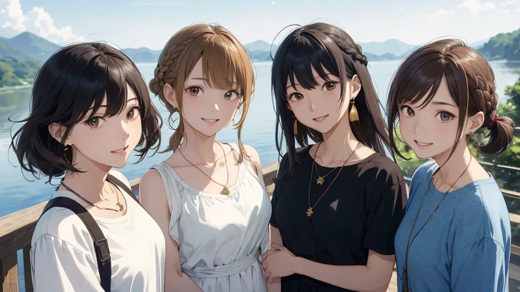 Magazine Cover、Magazine gravure(Highest quality、masterpiece、High resolution)、(Sargent-style watercolor)、(Anime Art)、、((Multiple women、Everyone is standing, Alongside))、(Detailed depiction of a beautiful face）、A kind smile、Long Hair、Medium Short Hair、Dark Brown Hair、Braiding、Bun Hair。、drink tea、Cinematic Light、Soft sunlight、lake、Beautiful mountain range in the background、Blur the background、(1.8)。Full nudity、hot spring、hostel、10th Generation･20th generation･30th generation･40-year-old woman、Black Hair、blonde、Brown Hair、bluish hair、、double eyelid、High resolution陰部、超High resolution、Highest quality、High resolution、Ultra-fine illustrations、Shinkai Makoto style、、Your name is style、Hairstyles such as chignon、Three Women~Five women。
information(Highest quality:1.2)、Very detailed、High resolution、masterpiece:1,2、Bright colors、Bokeh、Professional Lighting、Physically Based Rendering、Flat Color:0.8、Great illustrations、Realistic:1.37、Makoto Shinkai style、Name Style、Light Brown Hair、Elegant update、Short Bob、Three young women in casual clothes、Laugh together、Dynamic poselip、cheek(Dark Brown Hair/)bangs、cheek(direction)、(最高masterpiece1.2)繊細なイラストVery detailed、Break Blue Sky、Detailed Background、20-year-old female、whole bodyが写る、A shy smile、Through clenched teeth、Through clenched teeth、lip、cheek(Flat Color: 0.8)、(masterpiece: 1,2)、(masterpiece: 1,2)、High resolution、超High resolution、Highest quality、High resolution、Ultra-thin illustration、Makoto Shinkai style、Your name is style、Long Hair、Short Bob、necklace、Earrings、Dynamic pose、Selfie、whole body、Brown Hair、Braiding、Hair Bun、ponytail･Hair Bunスタイル、necklace、Valletta、ribbon、Earringsアニキュア,。
