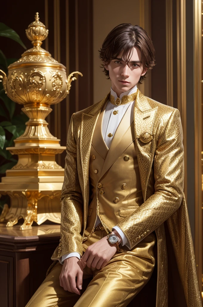 Make a boy with a gold watch gucci outfit is with the mandrake hair clarte