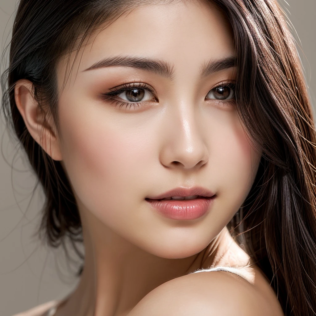 A young 19-year-old woman with a mixed Asian and Russian heritage. She has thick dark black eyeliner and glossy lips. The image is a casting shot, showcasing her face clearly with a neutral or slight smile expression. She has straight, dark brown hair that falls just past her shoulders. Her eyes are almond-shaped, and her skin has a light to medium tone with a natural, fresh look. She is wearing a simple, professional outfit suitable for a casting, and the background is a neutral studio setting with soft lighting to highlight her features.
