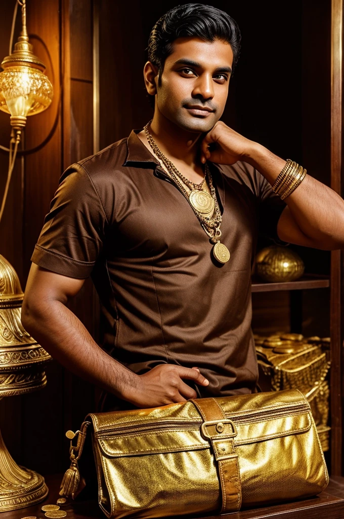 He is a Indian treasure hunter age 31 and good personality with few escaped gold coins and a clean shave with treasure bag and dress