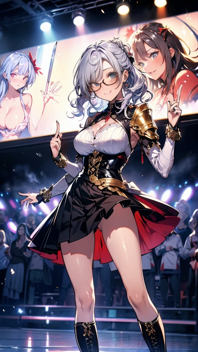(Highest quality, masterpiece), (Ultra-high resolution, 8k RAW photos, Photorealistic:1.5, Cinema Lighting, Fabric Shading, Thin contours, Clear focus:1.2), Beautiful mature woman, Leaning forward, Long legs, Gray Hair, (Wearing thin glasses:1.2), (Mature Woman:1.5, 28 years old, alone), (Large Breasts, Saggy breasts, big , Tight waist), whole bodyesbian, (medium short Gray Hair, Hair on one eye, (Updo:1.2), Side Lock, Asymmetrical Hair, Wavy Hair), (thin and bright pupils, Highlighted, detailed eyes:1.3, A face with attention to detail, perfect face shape, Bloodshot eyes), (A seductive smile, Half-close your eyes:1.2), (Looking at the audience:1.3), (Dutch Angle, whole body:0.3, From below:1.2), ((Correct Anatomy:1.5, The right move)), (Ideal body proportions),(((Silver Armor Short Skirt、red and black boots、Silver Helmet、Jeweled、Gold embroidery)))、Slender、Maxi Skirt、(Thighs Thighs Thighs Thighs:0.8)、(cheese、in house、Artistic stained glass、Large Pipe Organ、cross、Hello Point、Mysteriouany feathers floating、Angelic、Particles of light、Solemn、Nikko is、colorful、Fantastic:1.2)、(Fantastic:1.3)、(With the holy sword in hand:1.4)、