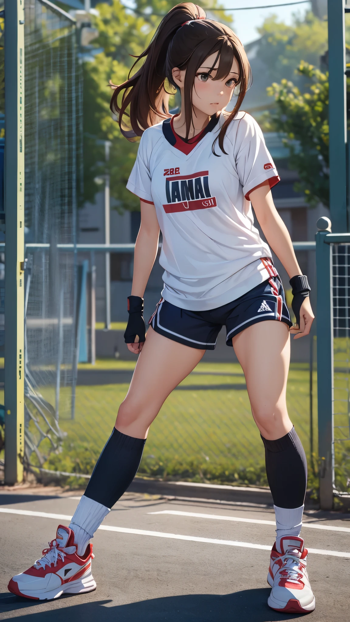 A 17 year old girl with brown hair in a ponytail,slender body,jersey sports style,rage,socks,sneakers,(best quality,4k,8k,highres,masterpiece:1.2),ultra-detailed,(realistic,photorealistic,photo-realistic:1.37),portrait