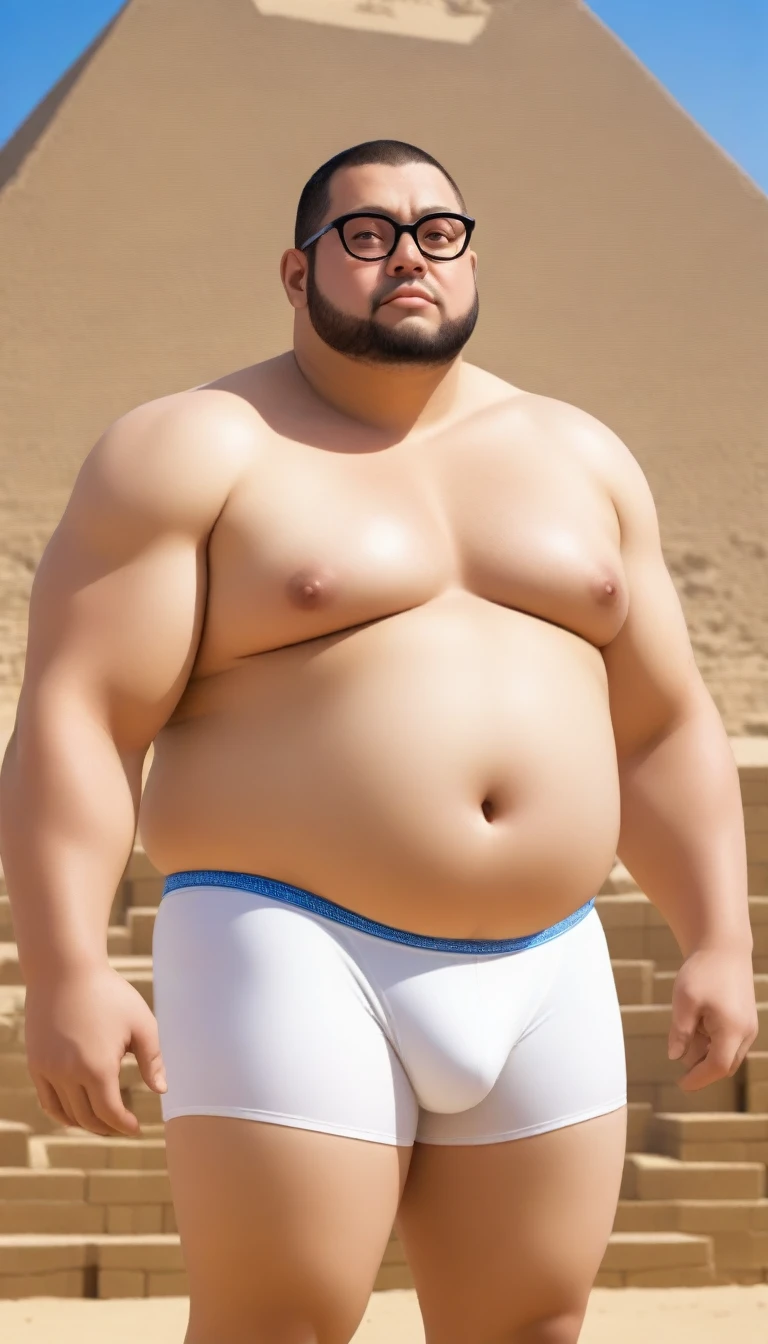 A fat man，Big eyes，Black round glasses，short hair，Round inches，Big round face，Very large and well-developed chest muscles，Big full belly，Standing on the Egyptian pyramids，The upper body is bare，Wearing briefs with bulge in the crotch，Oriental male，Full body front view