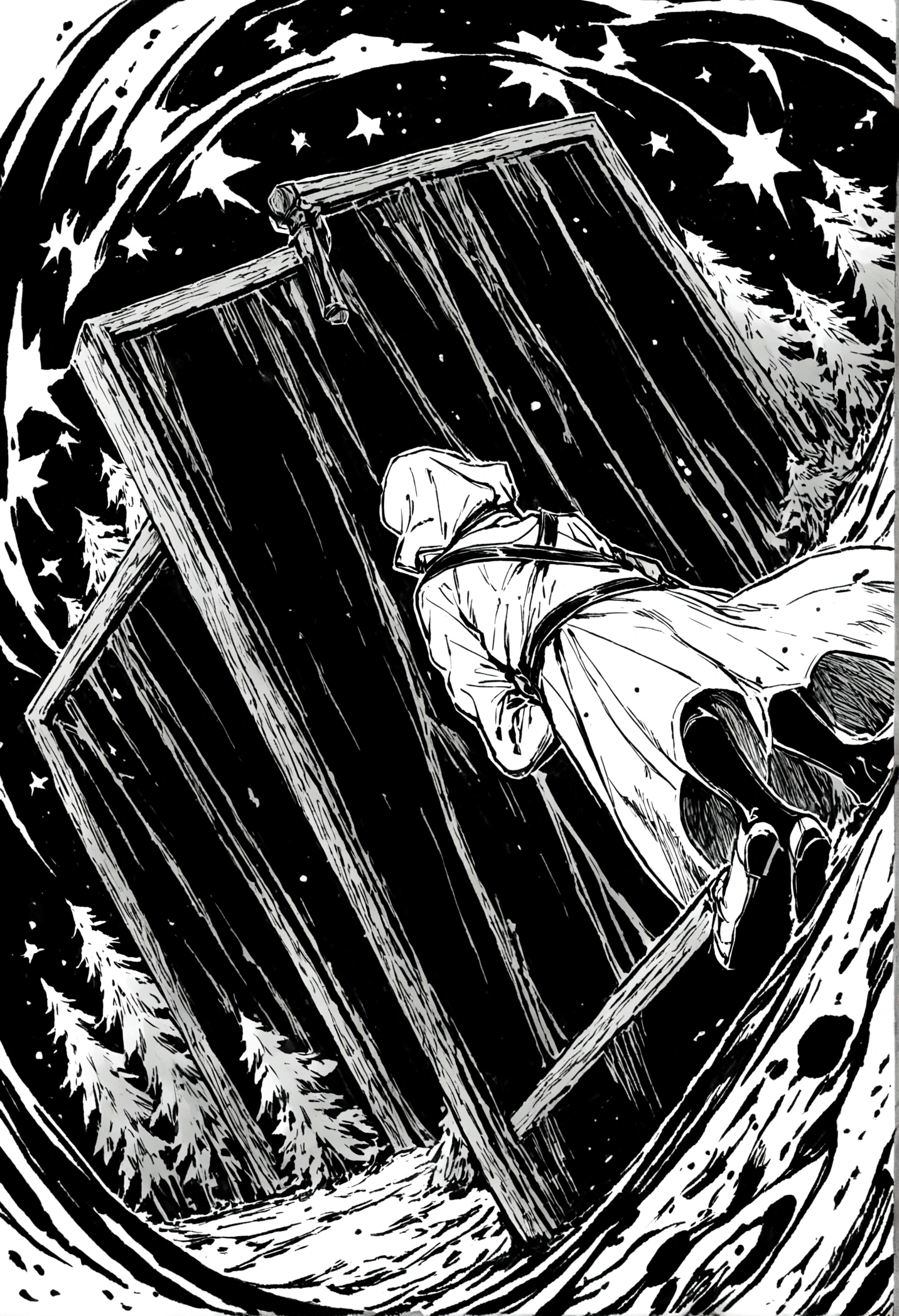 A man with an out-of-body body，In the wilderness，Wide-angle lens，Very meticulous，Ink style stocks