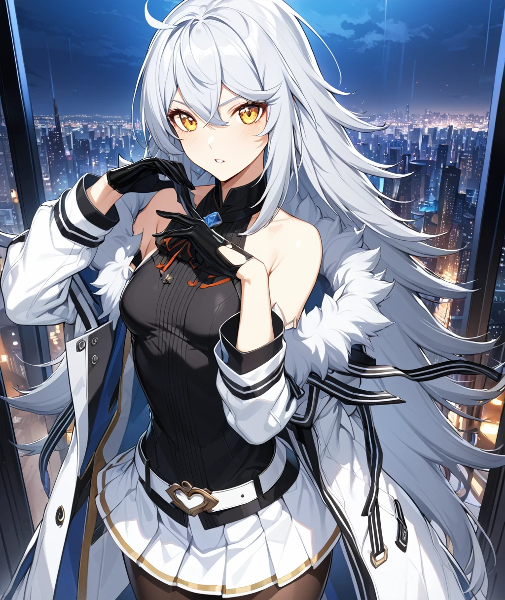 1girl, bangs,long_hair,独奏, yellow eyes, black legwear, jacket, pantyhose, silver hair, skirt, bare shoulders, eyebrows visible through hair, ahoge, gloves, white hair, small breasts,long sleeves,hair between eyes, standing, white skirt, shirt,sleeveless, sleeveless shirt,full_body, pleated skirt, sidelocks,belt ,very long hair, shoes,Miniskirt ,black gloves,white footwear, open clothes, Fur trim, black shirt, white coat,white_jacket,city lights,open jacket, off shoulder, open coat, fur-trimmed coat, gown, messy hair, , masterpiece, Highest quality, so beautiful, Absurd, ultra detailed, cg unity 8K wallpaper, masterwork, super fine illustration, ultra detailed beautiful face, perfect eyes,　Movie angle, (((cowboy shot))), perfect hands, perfect fingers,