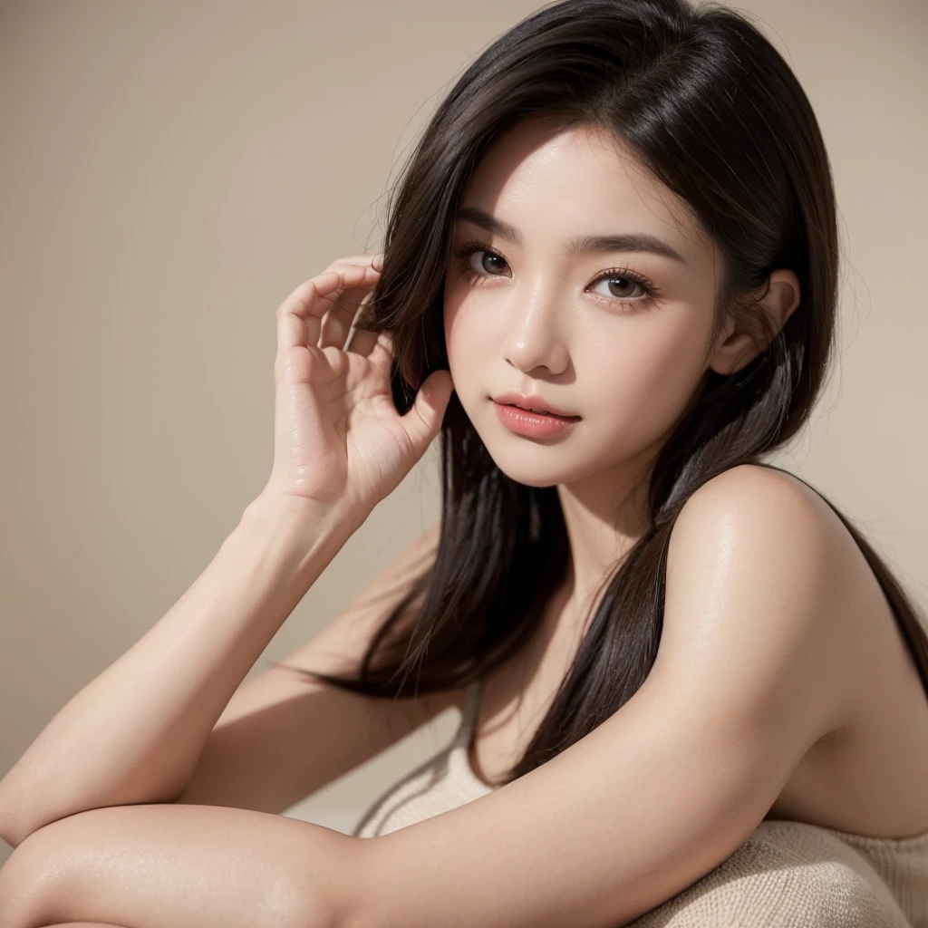 A young 19-year-old woman with a mixed Asian and Russian heritage. She has thick dark black eyeliner and glossy lips. The image is a casting shot, showcasing her face clearly with a neutral or slight smile expression. She has straight, dark brown hair that falls just past her shoulders. Her eyes are almond-shaped, and her skin has a light to medium tone with a natural, fresh look. She is wearing a simple, professional outfit suitable for a casting, and the background is a neutral studio setting with soft lighting to highlight her features.