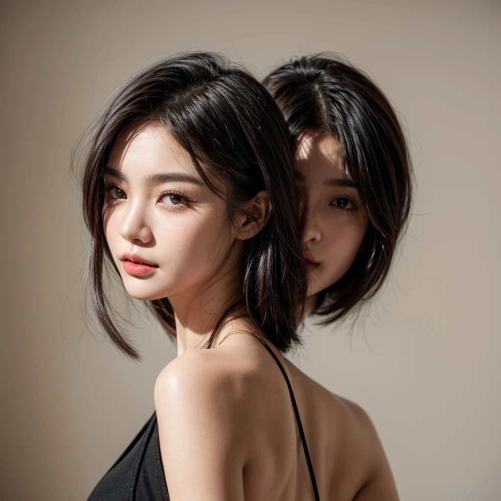 A young 19-year-old woman with a mixed Asian and Russian heritage. She has thick dark black eyeliner and glossy lips. The image is a casting shot, showcasing her face clearly with a neutral or slight smile expression. She has straight, dark brown hair that falls just past her shoulders. Her eyes are almond-shaped, and her skin has a light to medium tone with a natural, fresh look. She is wearing a simple, professional outfit suitable for a casting, and the background is a neutral studio setting with soft lighting to highlight her features.