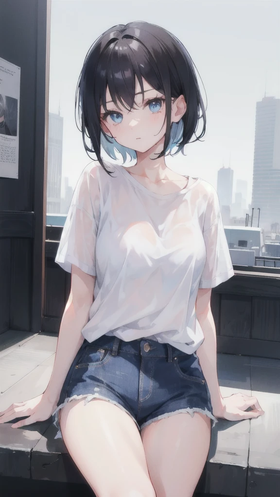 1girl, short black hair, blue eyes, wearing plain white shirt, denim shorts, city, absurdres, high res, ultrasharp, 8K, masterpiece, looking at viewer
