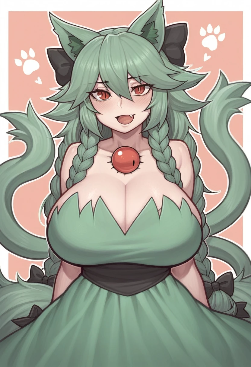 _asura style, kaenbyou_rin, breasts, tail, animal_ears, 1girl, cat_ears, red_hair, red_eyes, cat_tail, braid, dress, twin_braids, fang, multiple_tails, nekomata, green_dress, bow, two_tails, paw_print, slit_pupils, hair_bow, reiuji_utsuho, reiuji_utsuho_(bird), solo, black_bow, large_breasts, looking_at_viewer, huge_breasts, upper_body, blush, bird, long_hair, bangs, fang_out