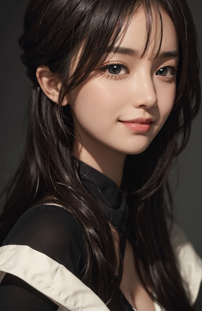 (Ultra Realistic), (Illustration), (Increased Resolution), (8K), (Extremely Detailed), (Best Illustration), (Beautiful and Detailed Eyes), (Best Quality), (Ultra Detailed), (Masterpiece ), ( wallpaper), (detailed face), solo, 1 girl, looking at viewer, fine details, detailed face, in the dark, deep shadows, low key, pureerosfaceace_v1, smiling, long hair, black shawl straight hair , 46 points oblique bangs