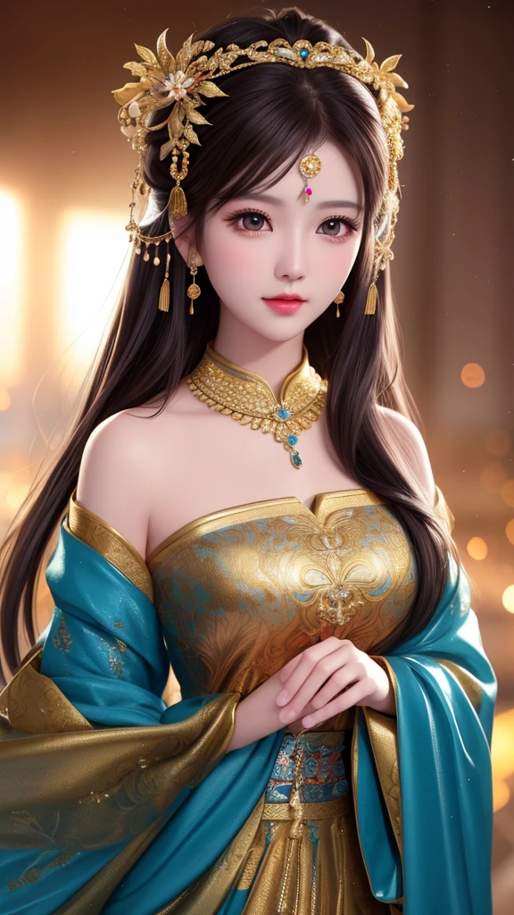 best quality, masterpiece, highres, 1girl,Myanmar (Burmese) dress,hair ornament,necklace, jewelry,Beautiful face, perfect_body, tyndall effect,photorealistic, dark studio, rim lighting, two tone lighting,(high detailed skin:1.2), 8k uhd, dslr, soft lighting, high quality, volumetric lighting, candid, Photograph, high resolution, 4k, 8k, Bokeh