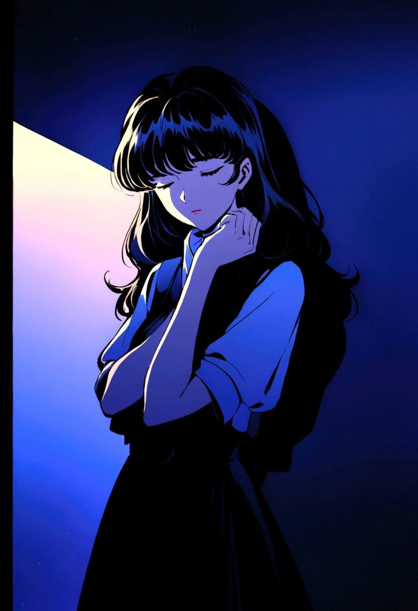 Create an intense, evocative portrait in the Japanese retro anime style of the 80s and 90s. The scene features a male bathed in deep blue light, leaning against a wall with her arms raised, eyes closed in a moment of raw emotion. Her attire is minimal, accentuating the curves of her body and the dramatic shadows cast by the lighting. The background is stark, with sharp contrasts highlighting the contours of her form. The blue and black palette intensifies the mood, evoking a sense of mystery and allure. Subtle film grain and meticulous shading add depth and texture, emphasizing the emotional gravity of the scene. The lighting creates a chiaroscuro effect, accentuating her expressive pose and the intense atmosphere.