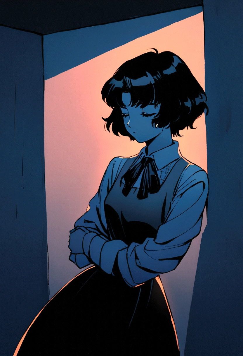 Create an intense, evocative portrait in the Japanese retro anime style of the 80s and 90s. The scene features a male bathed in deep blue light, leaning against a wall with her arms raised, eyes closed in a moment of raw emotion. Her attire is minimal, accentuating the curves of her body and the dramatic shadows cast by the lighting. The background is stark, with sharp contrasts highlighting the contours of her form. The blue and black palette intensifies the mood, evoking a sense of mystery and allure. Subtle film grain and meticulous shading add depth and texture, emphasizing the emotional gravity of the scene. The lighting creates a chiaroscuro effect, accentuating her expressive pose and the intense atmosphere.