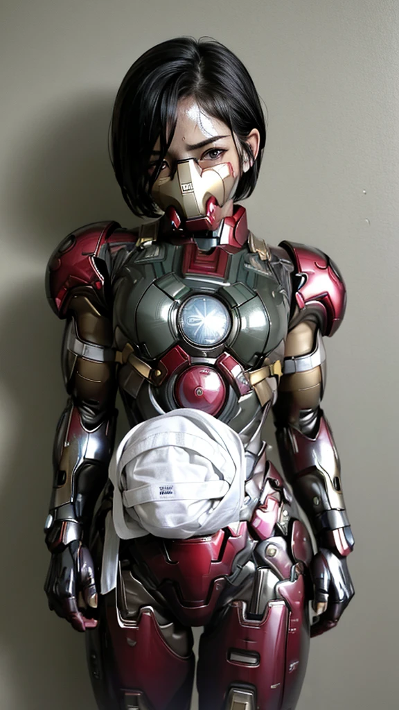 Highest quality 8k Iron Man Suit Girl Kindergarten girl Sweaty face cute short hair boyish Steam coming from the head My hair is wet with sweat Black hair feel Full body portrait My upper body is soaked close your eyes bare hands Close-fitting full-face gas mask