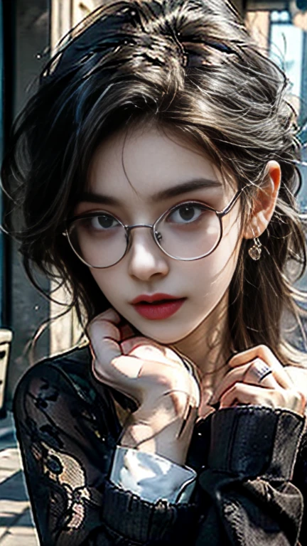 8K, ultra hd, masterpiece, (detailed), 1girl, (good face:1.4), hairstyle (color: red, length: short, curly with flowing small ringlets), face (heart-shaped, pale, dark brown eyes), glasses (wears thick-rimmed, old-fashioned glasses), background is white